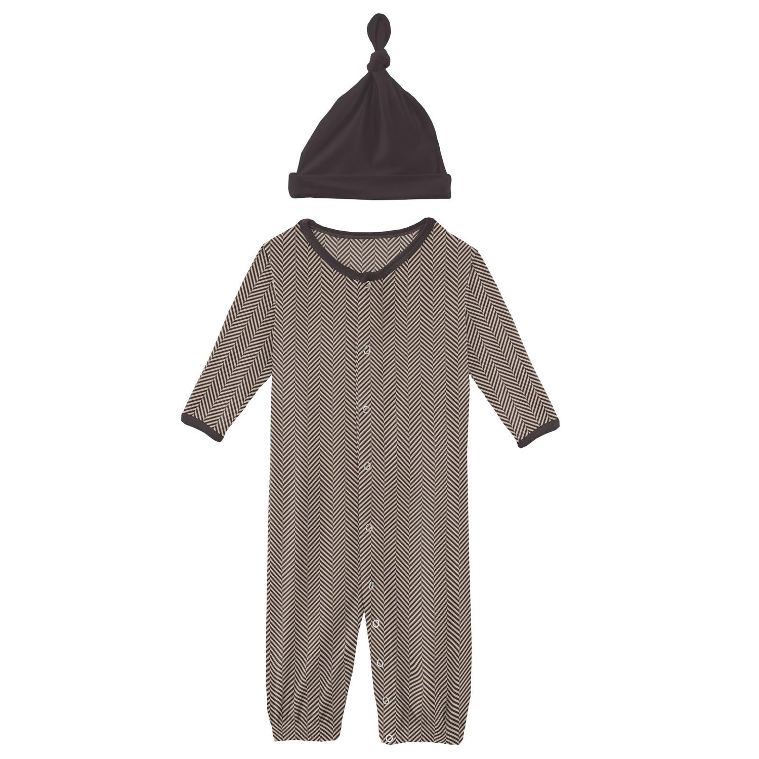 Print Layette Gown Converter & Single Knot Hat Set in Herringbone