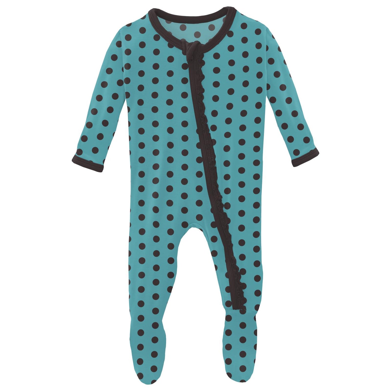 Print Muffin Ruffle Footie with Zipper in Glacier Polka Dots