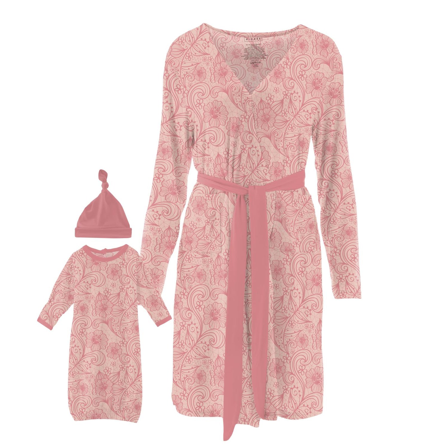 Women's Print Mid Length Lounge Robe & Layette Gown Set in Peach Blossom Lace