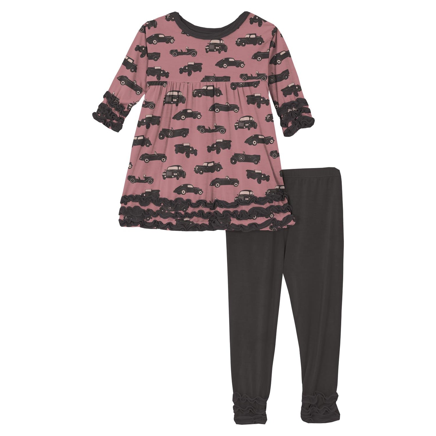 Print Long Sleeve Babydoll Outfit Set in Desert Rose Vintage Cars