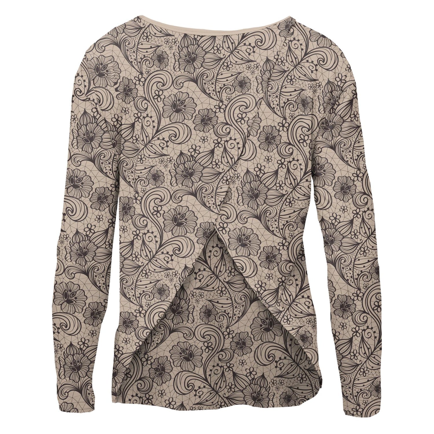 Women's Print Long Sleeve Butterfly Open-Back Top in Burlap Lace