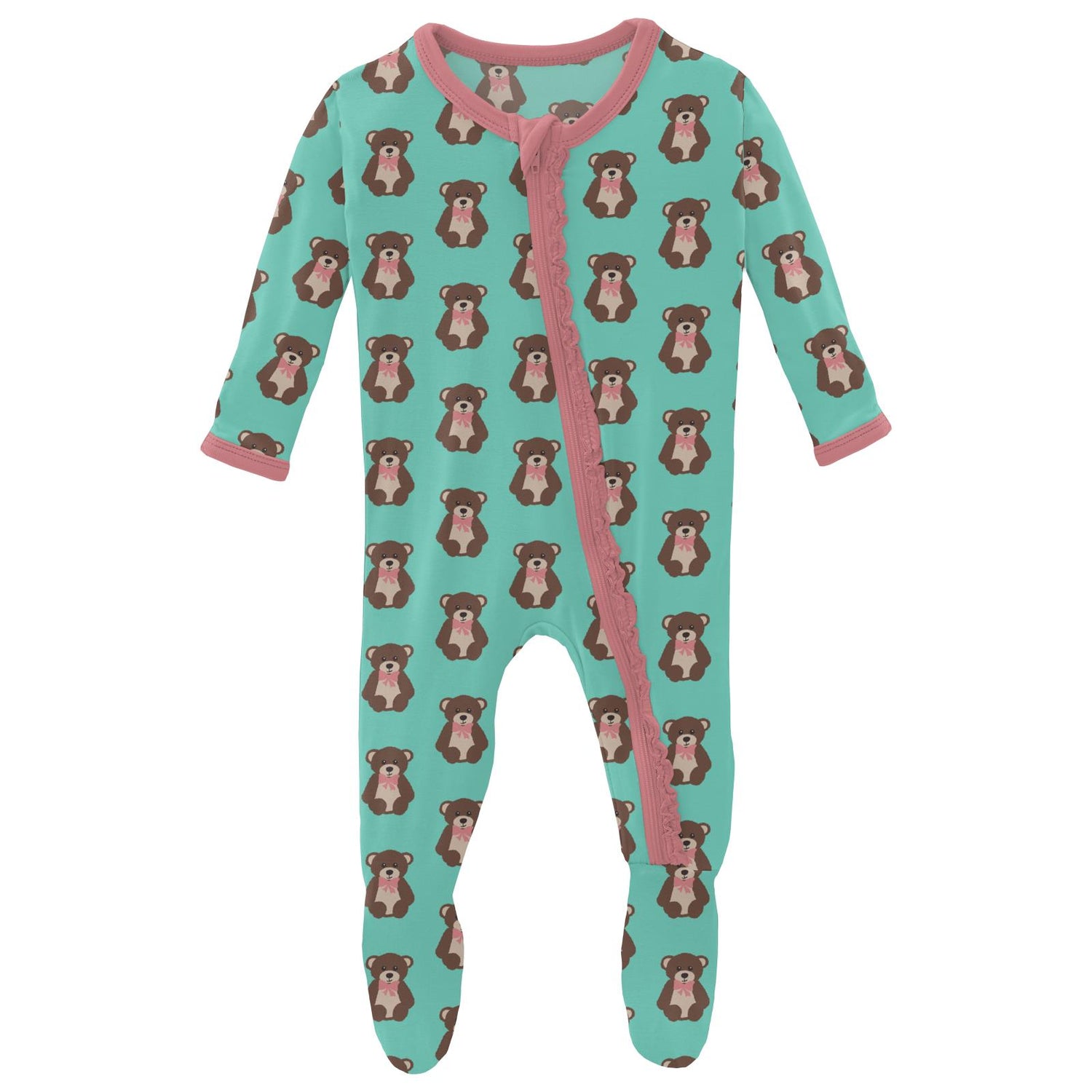 Print Muffin Ruffle Footie with Zipper in Glass Teddy Bear