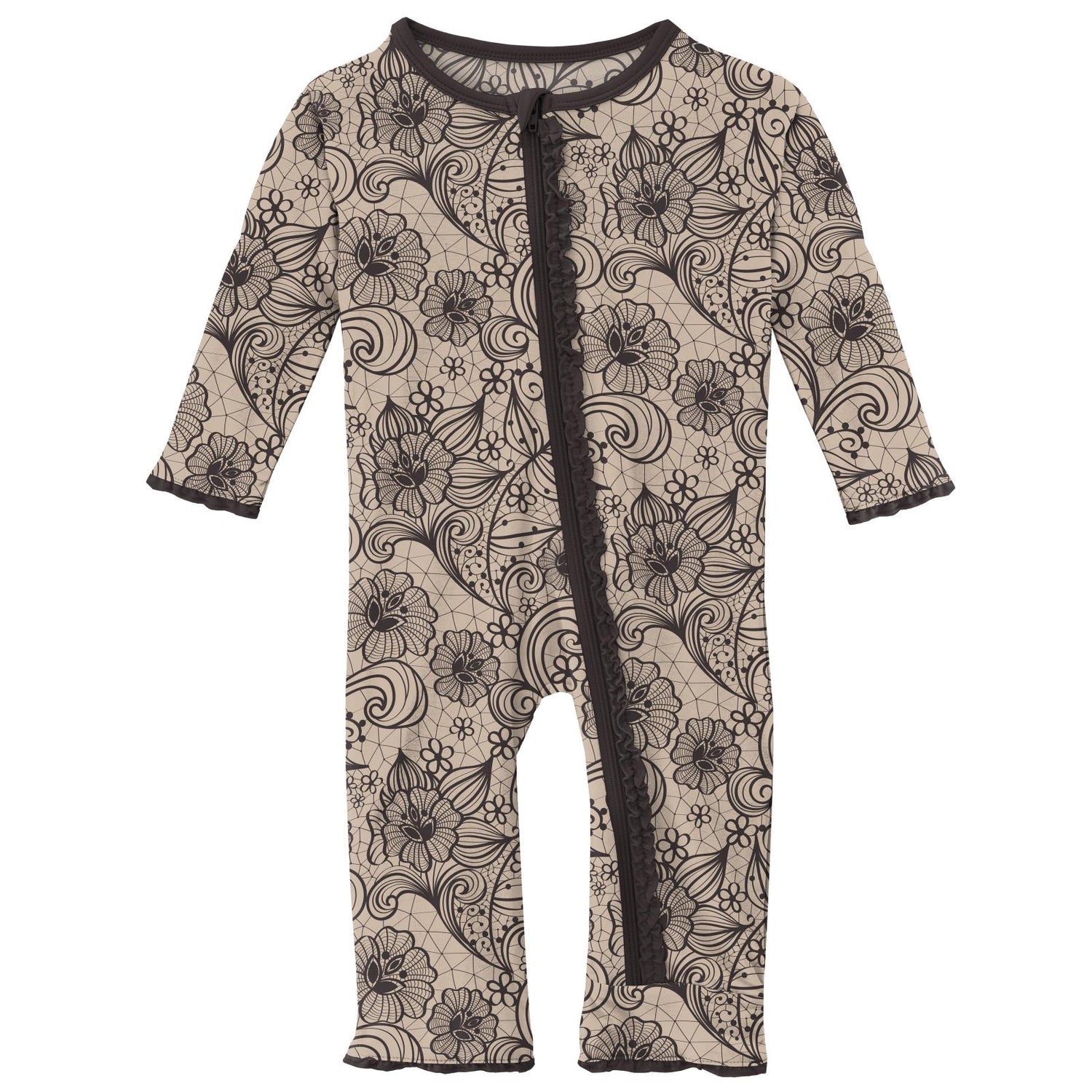 Print Muffin Ruffle Coverall with Zipper in Burlap Lace