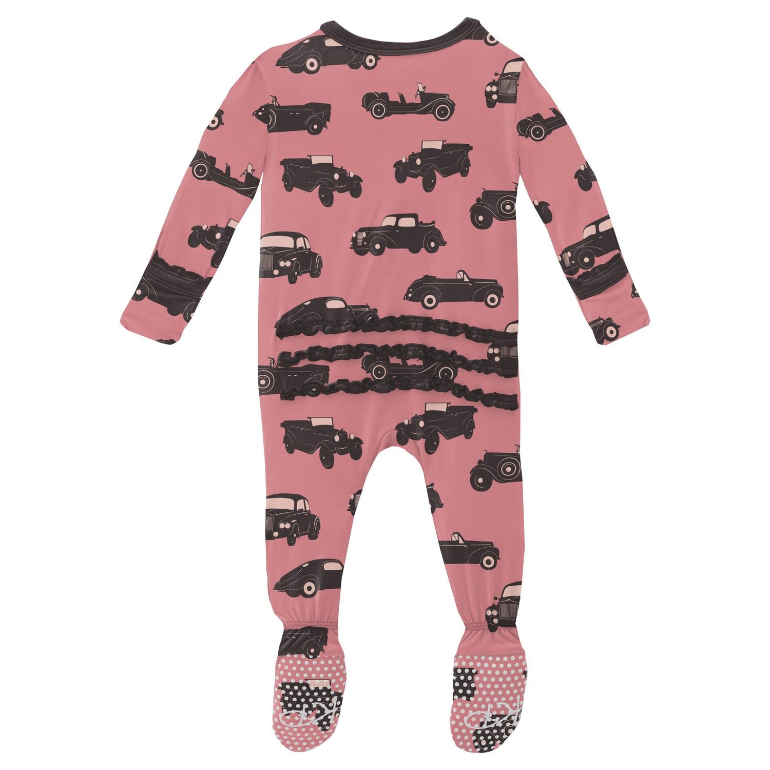 Print Muffin Ruffle Footie with Zipper in Desert Rose Vintage Cars