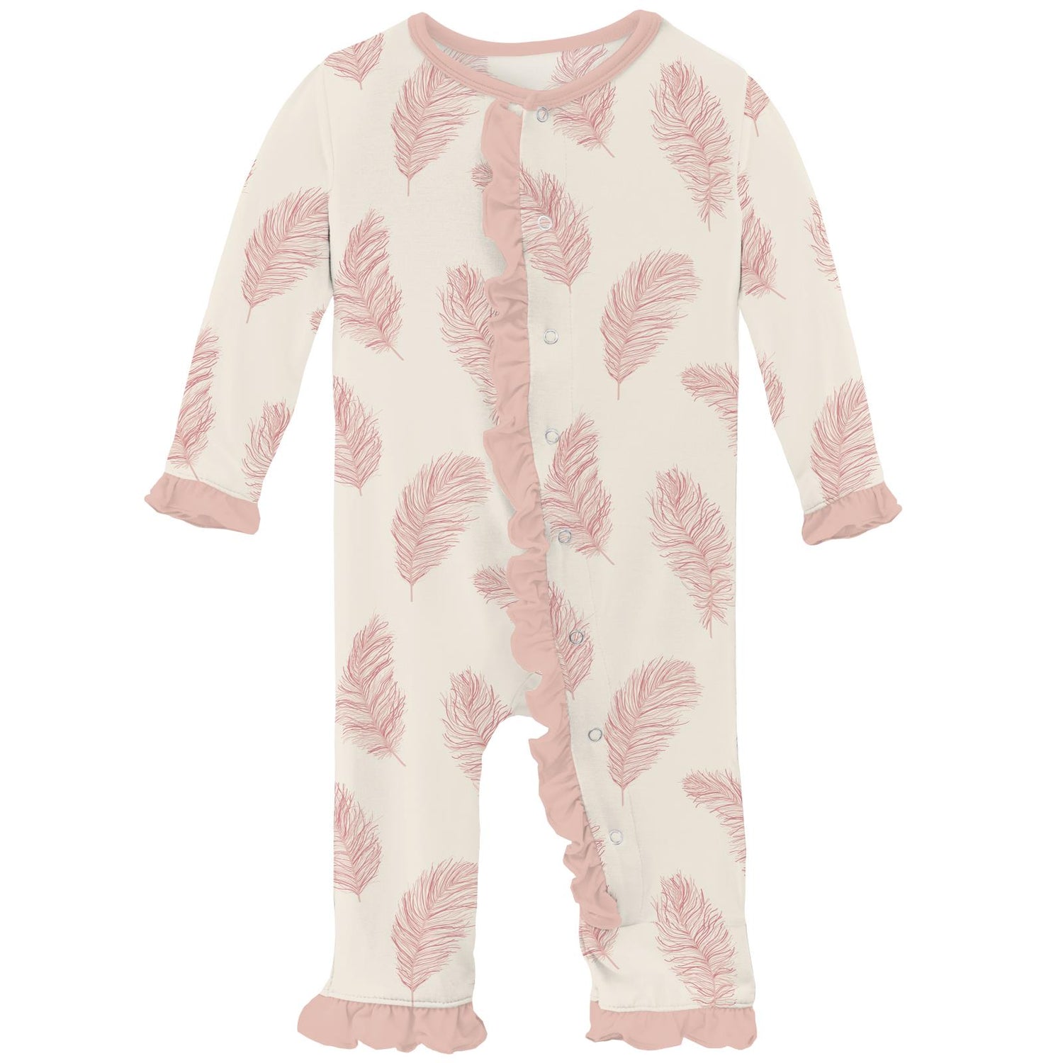 Print Classic Ruffle Coverall with Snaps in Natural Feathers