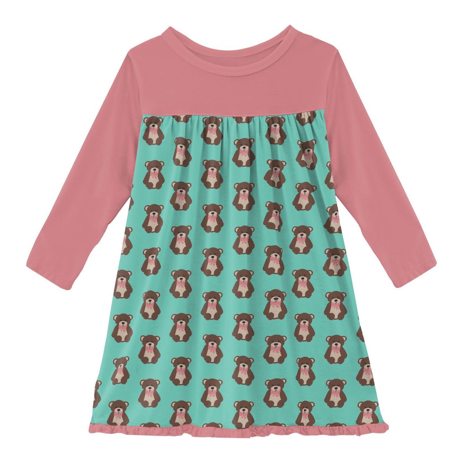 Print Classic Long Sleeve Swing Dress in Glass Teddy Bear