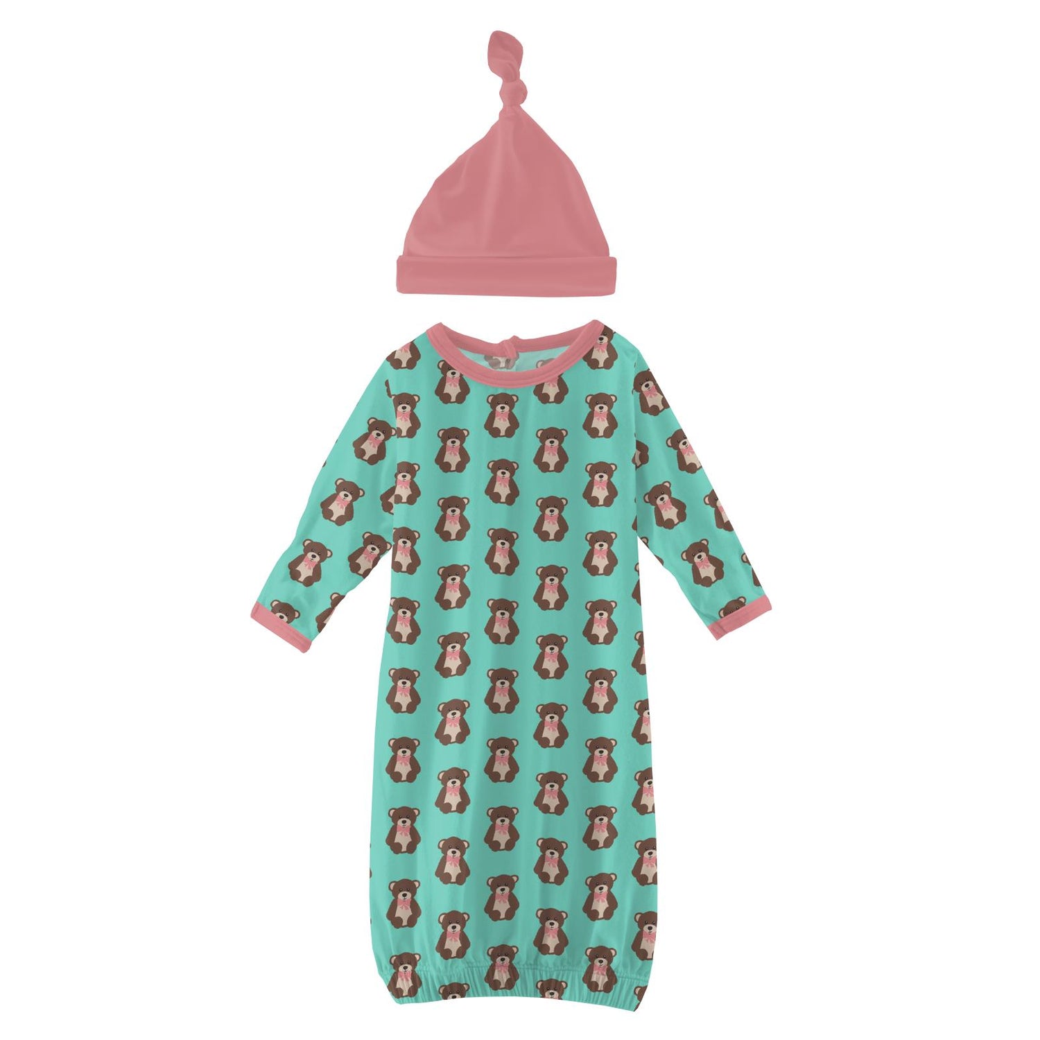 Print Layette Gown & Single Knot Hat Set in Glass Teddy Bear