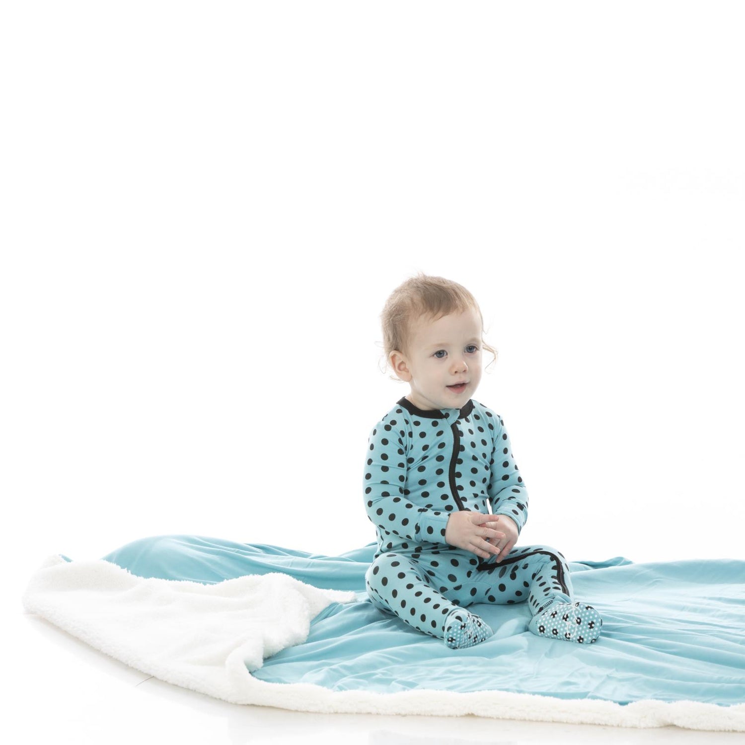 Print Footie with Zipper in Glacier Polka Dots