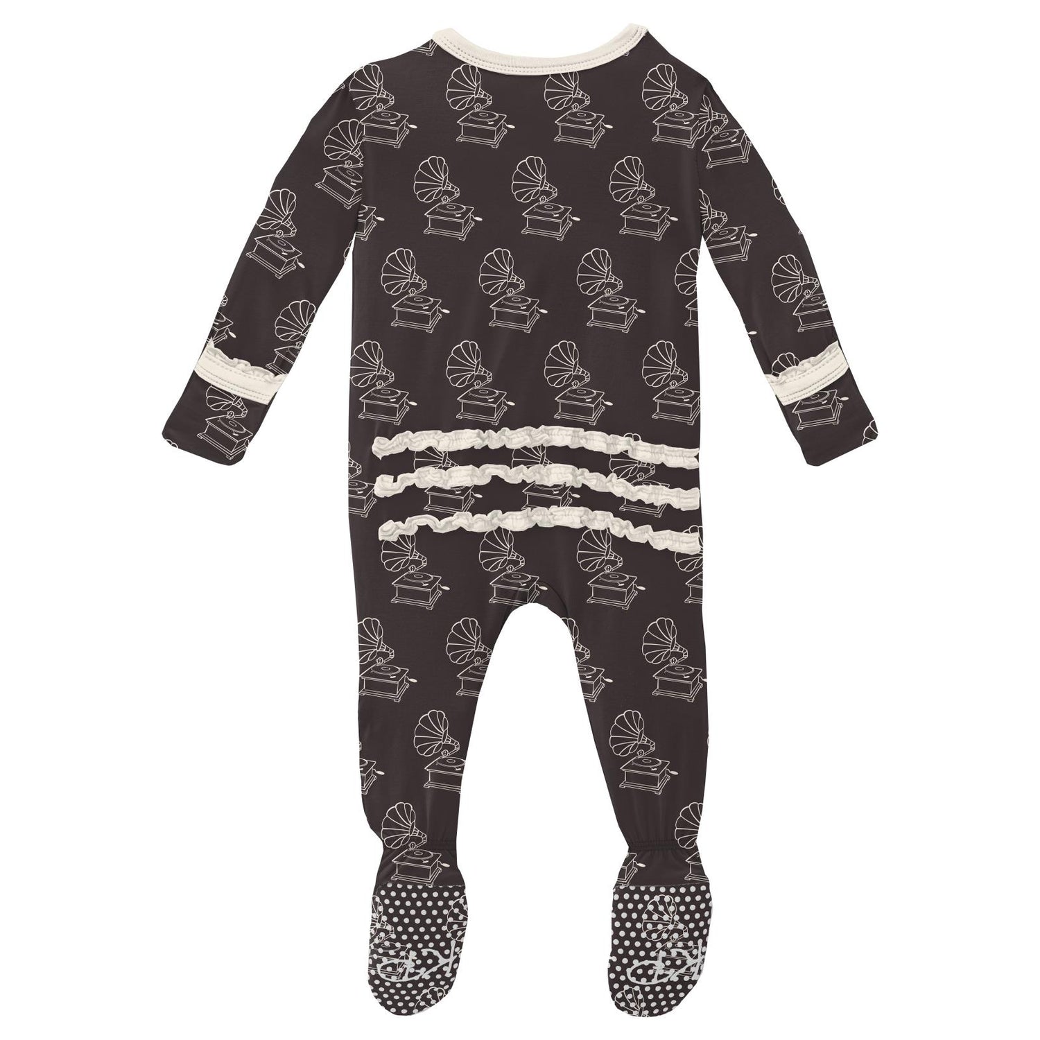 Print Muffin Ruffle Footie with Zipper in Midnight Gramophone