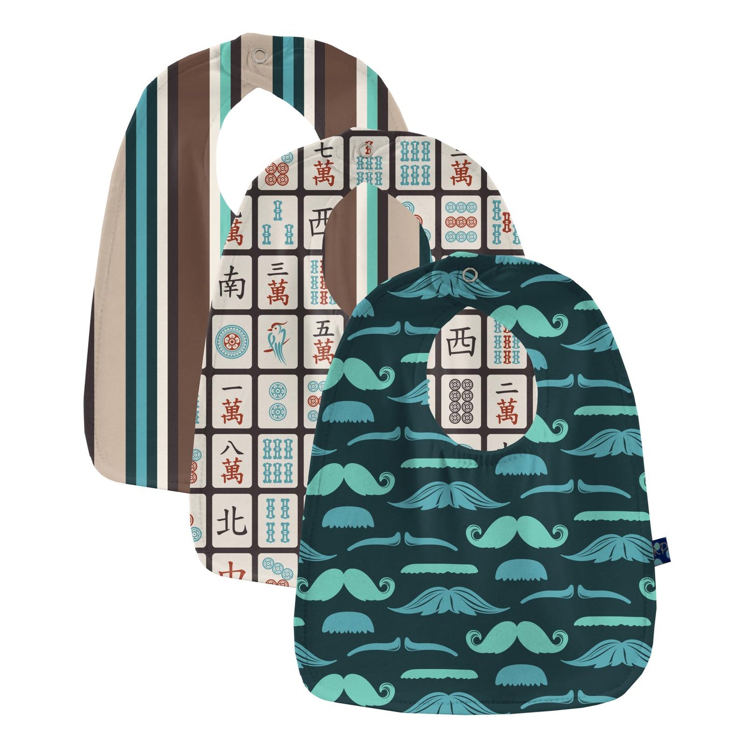 Print Bib Set of 3 in Pine Moustaches, Midnight Mahjong and Dad's Tie Stripe
