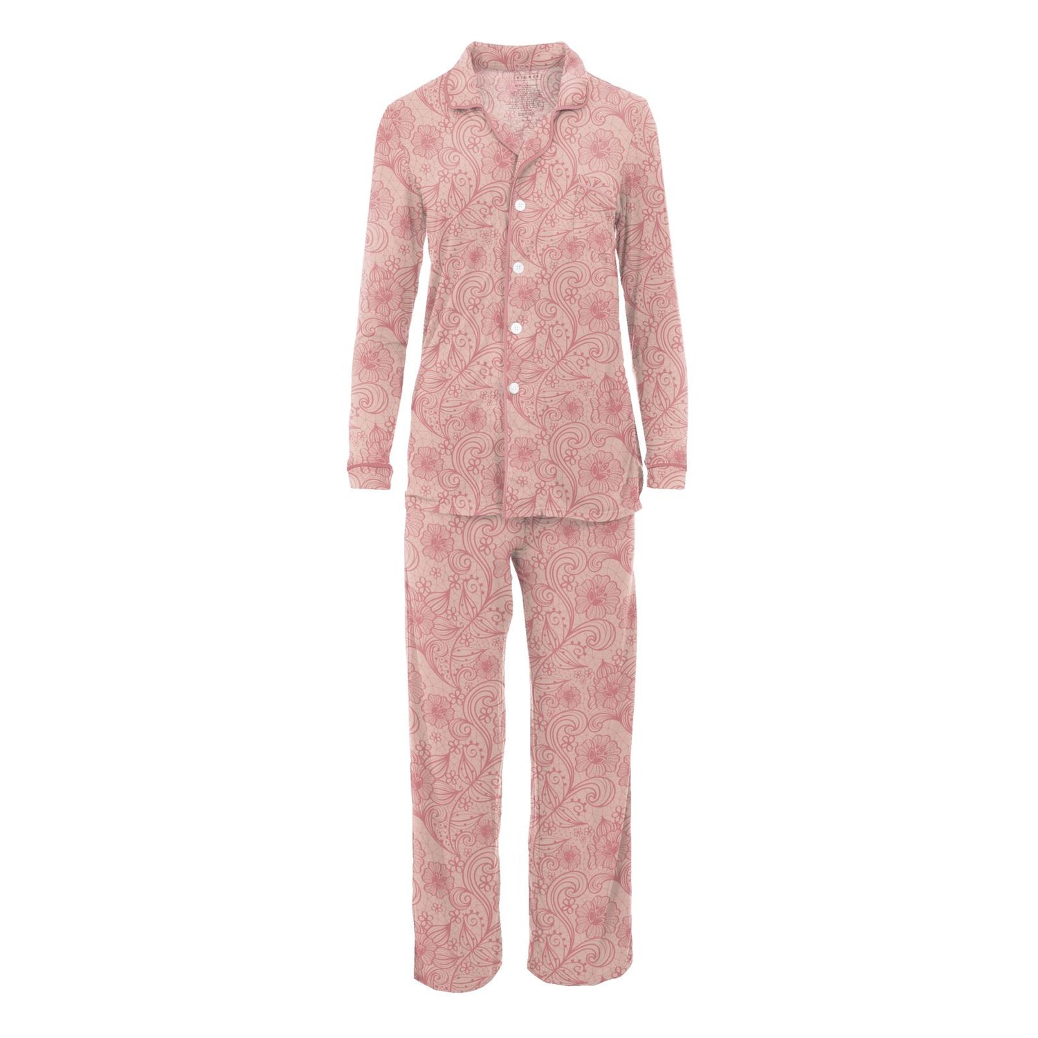 Women's Print Long Sleeve Collared Pajama Set in Peach Blossom Lace