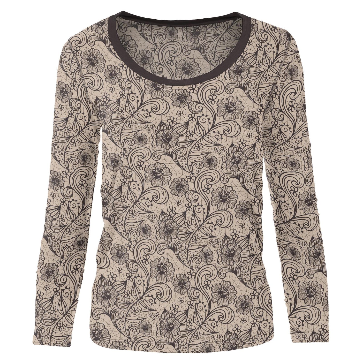 Women's Print Long Sleeve Scoop Neck Tee in Burlap Lace