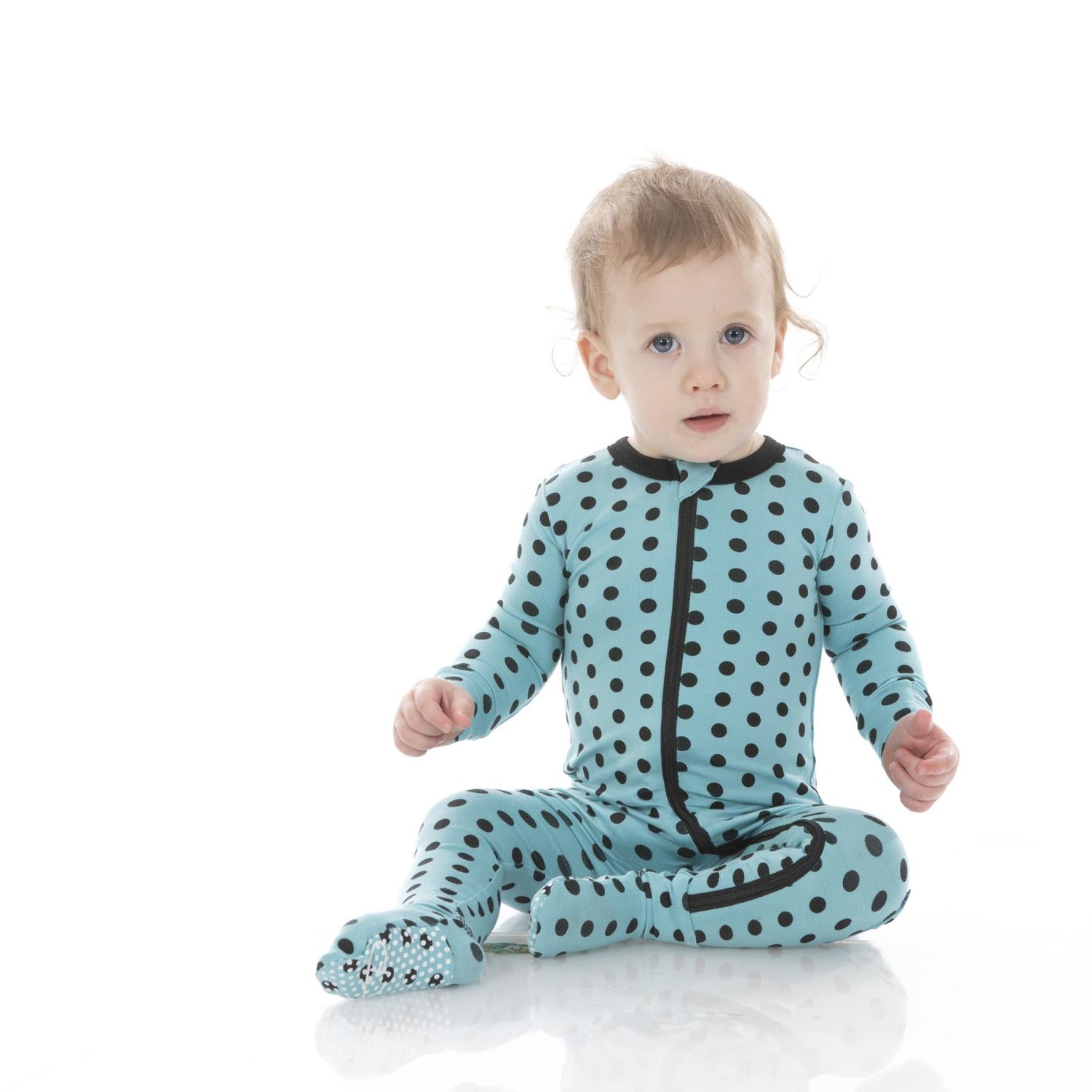Print Footie with Zipper in Glacier Polka Dots