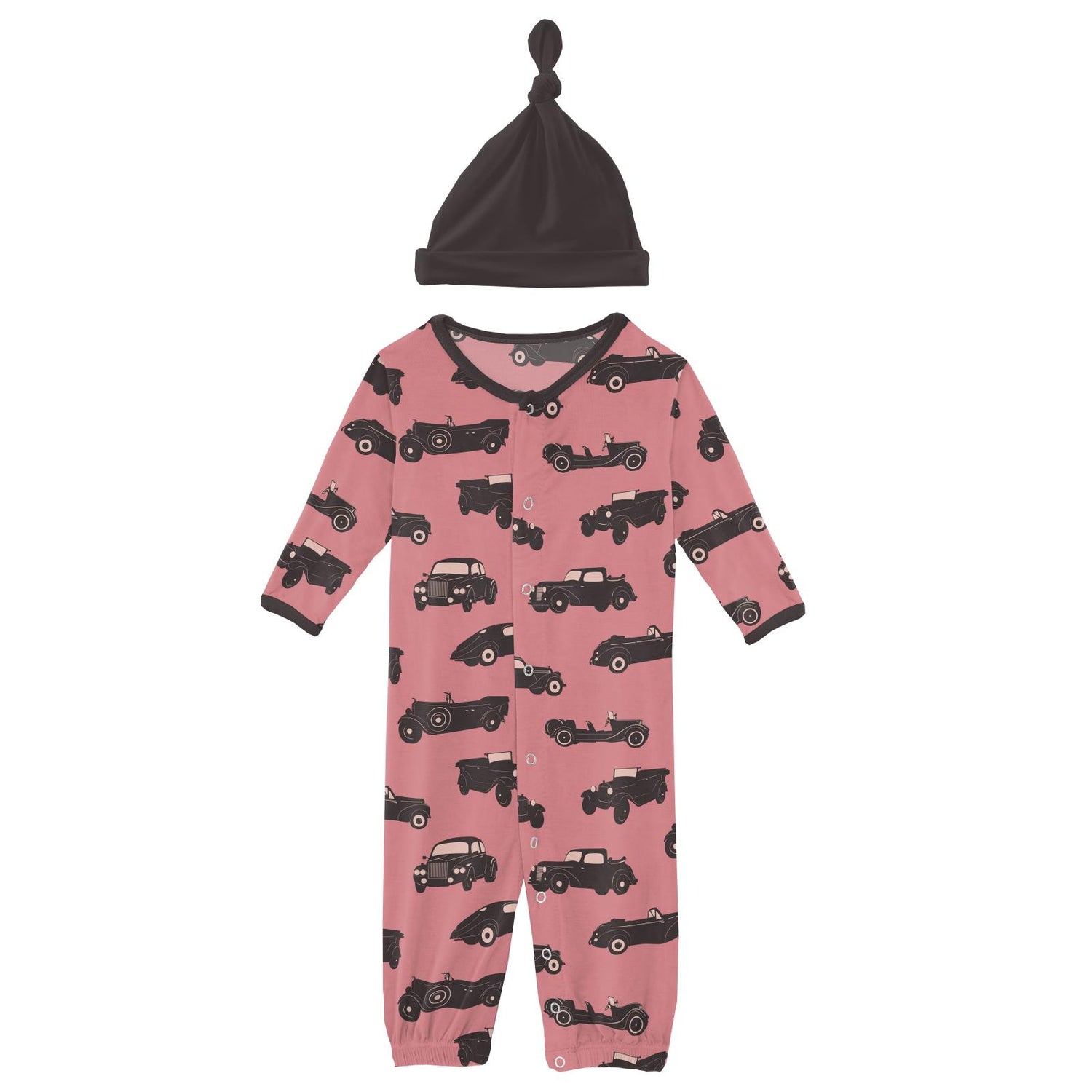 Print Layette Gown Converter & Single Knot Hat Set in Desert Rose Vintage Cars