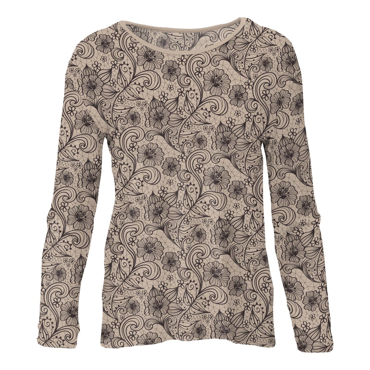 Women's Print Long Sleeve Butterfly Open-Back Top in Burlap Lace