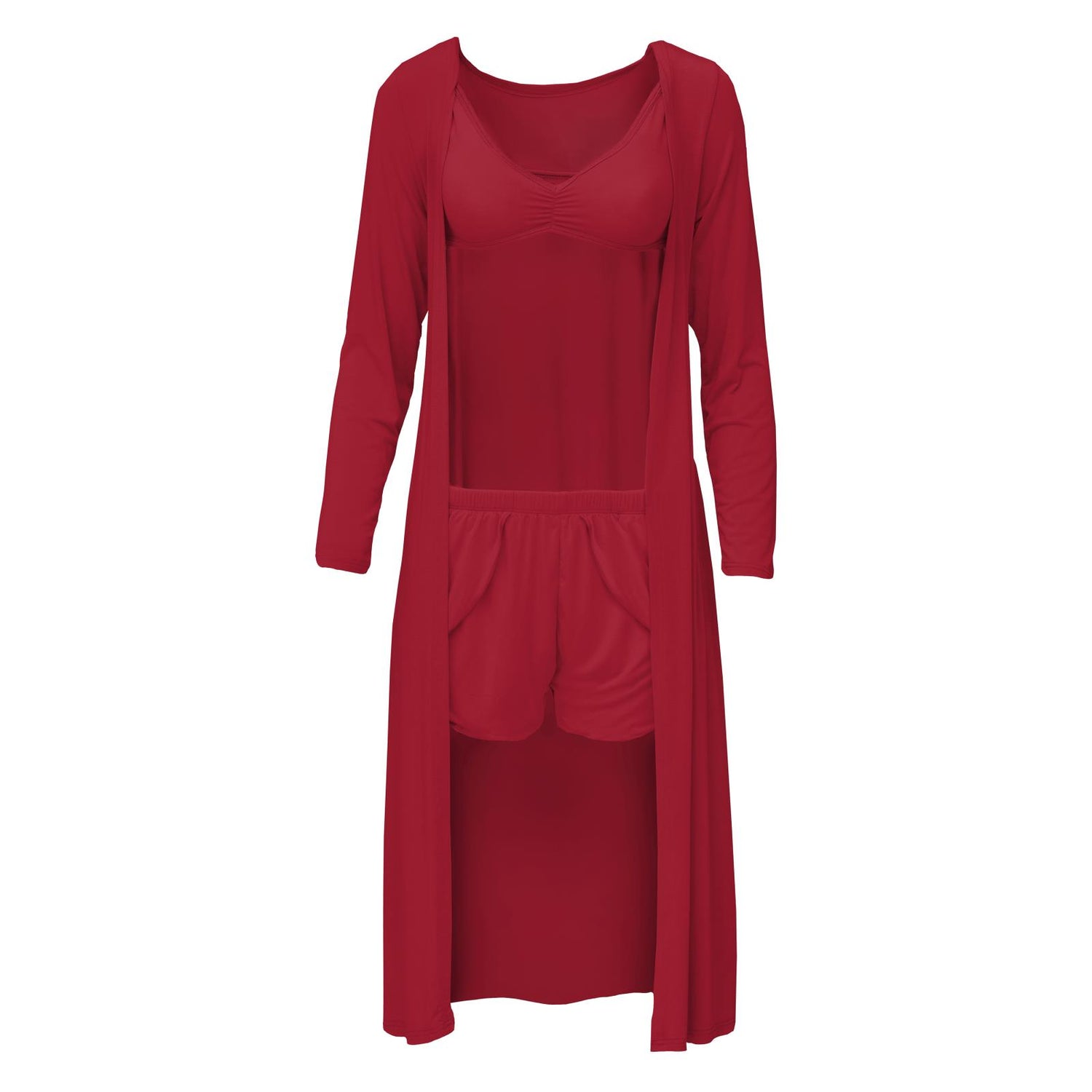 Women's Sleeping Bra, Tulip Shorts and Duster Robe Set in Candy Apple