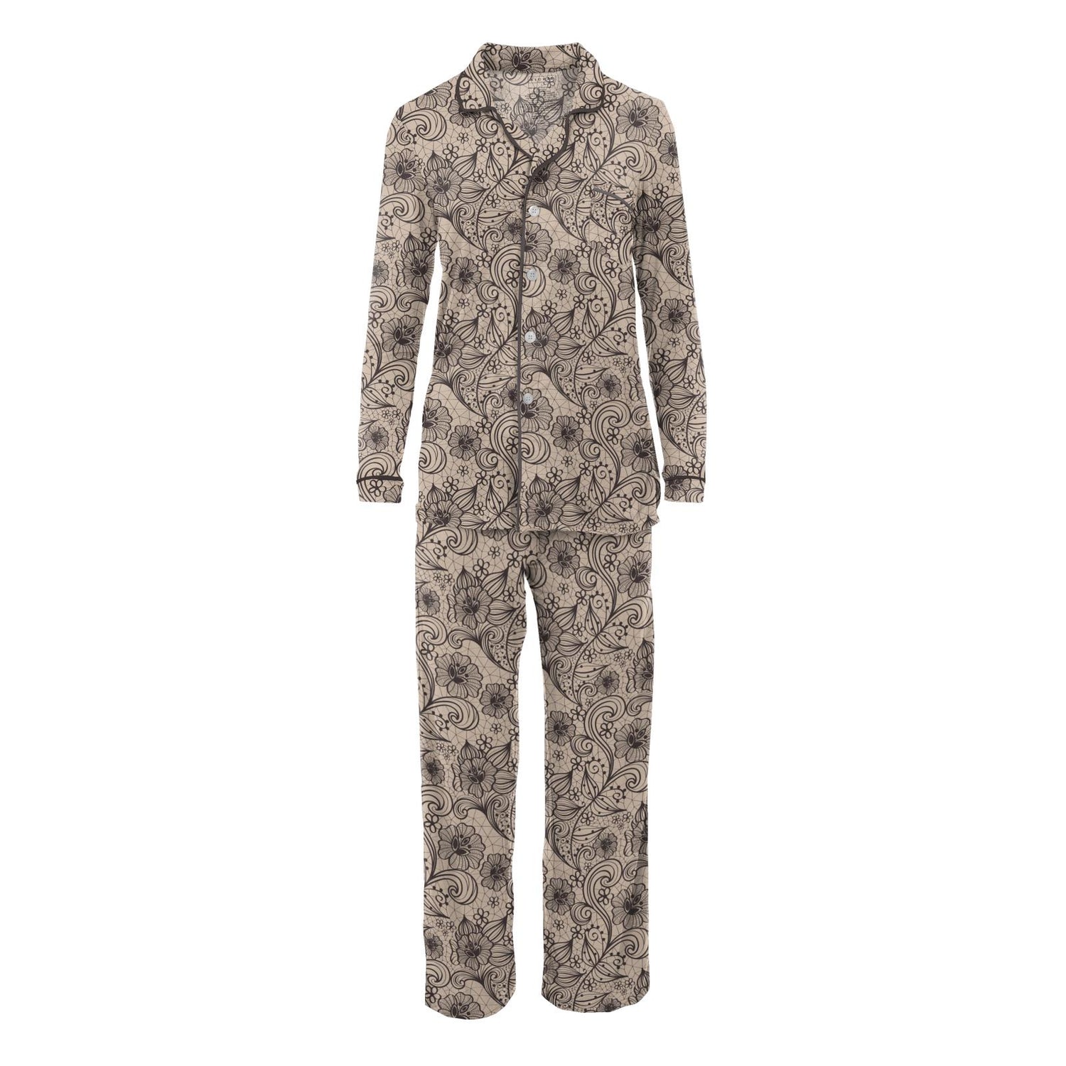 Women's Print Long Sleeve Collared Pajama Set in Burlap Lace