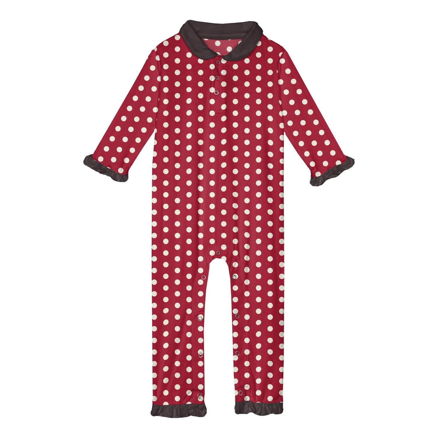Print Long Sleeve Peter Pan Collared Romper in Candy Apple Polka Dots