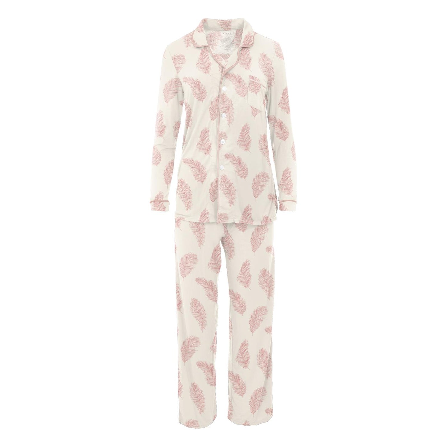 Women's Print Long Sleeve Collared Pajama Set in Natural Feathers