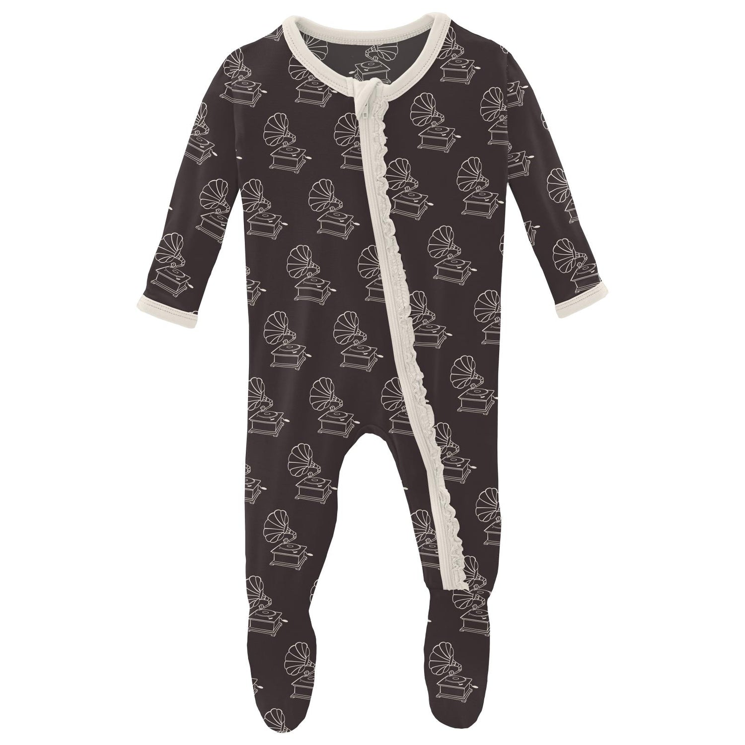 Print Muffin Ruffle Footie with Zipper in Midnight Gramophone