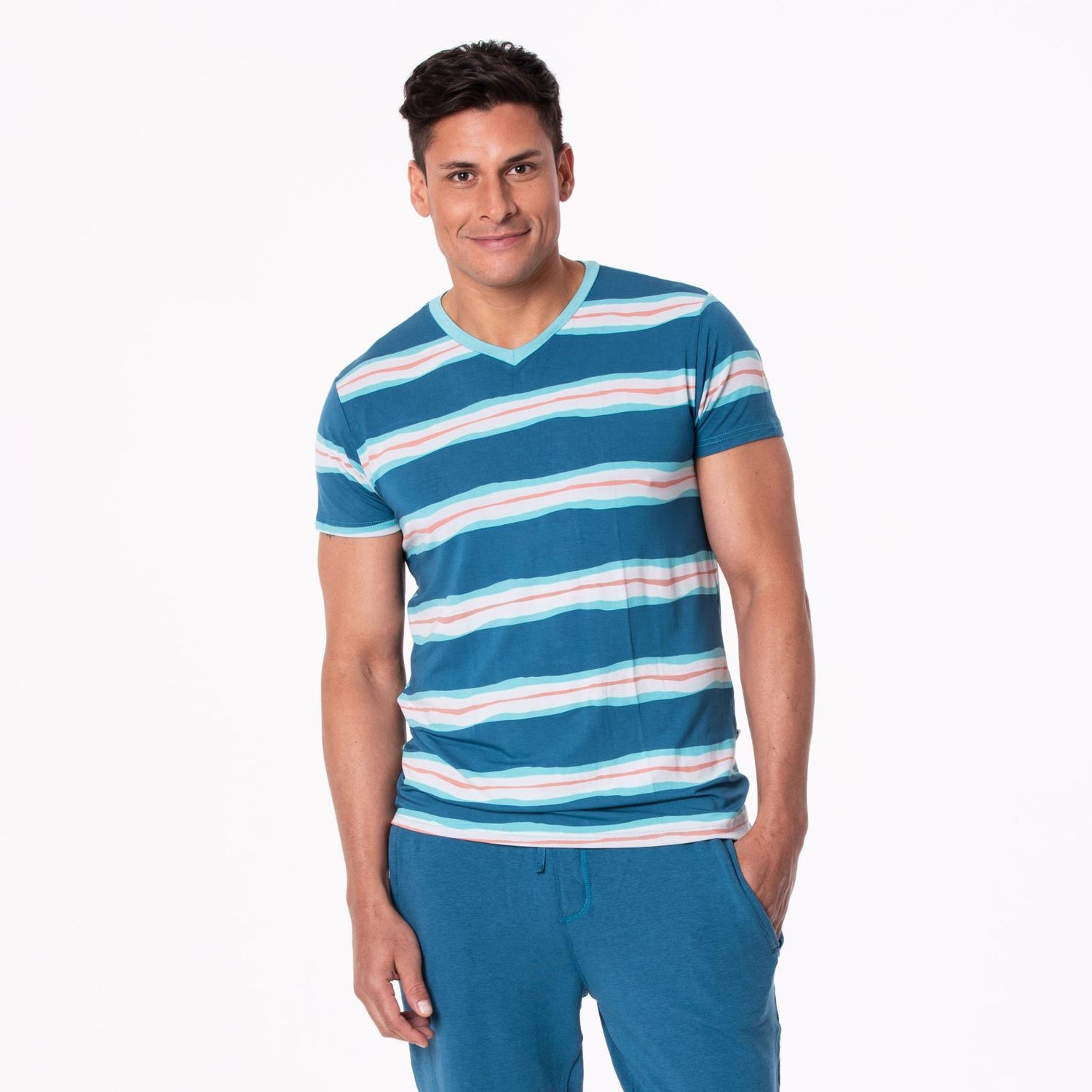 Men's Short Sleeve Print V-Neck Tee in Abstract Prismatic Spring