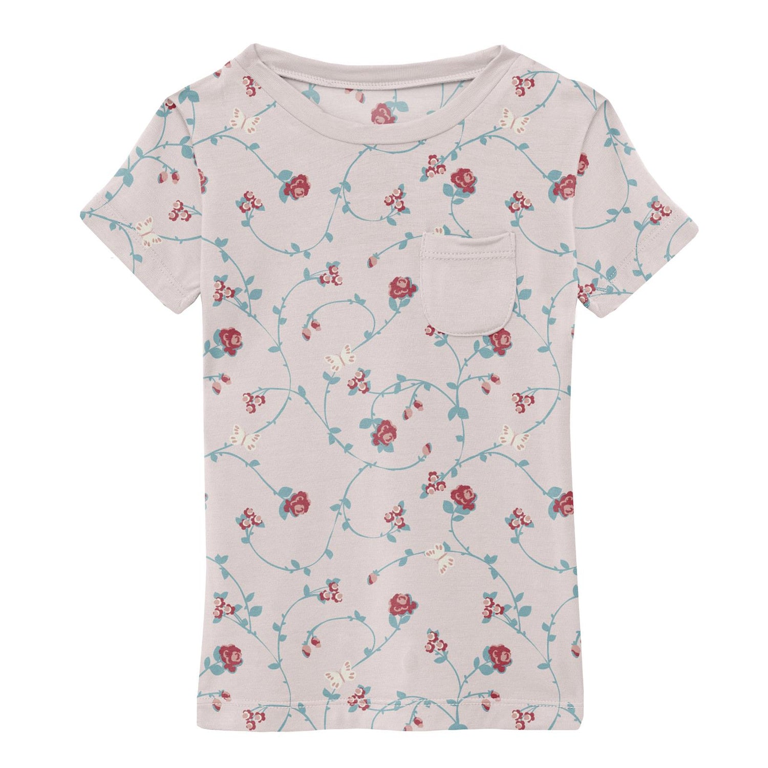 Print Tailored Fit Short Sleeve Tee with Tiny Pocket in Macaroon Floral Vines