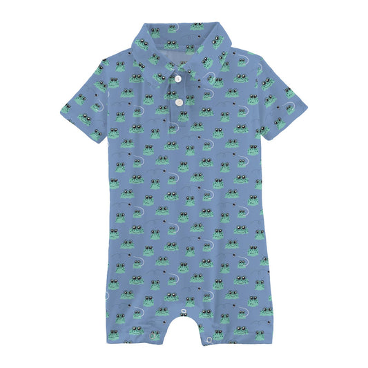 Print Short Sleeve Polo Romper in Dream Blue Bespeckled Frogs