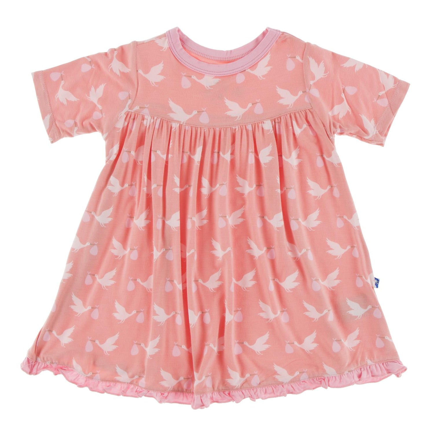 Print Classic Short Sleeve Swing Dress in Blush Stork