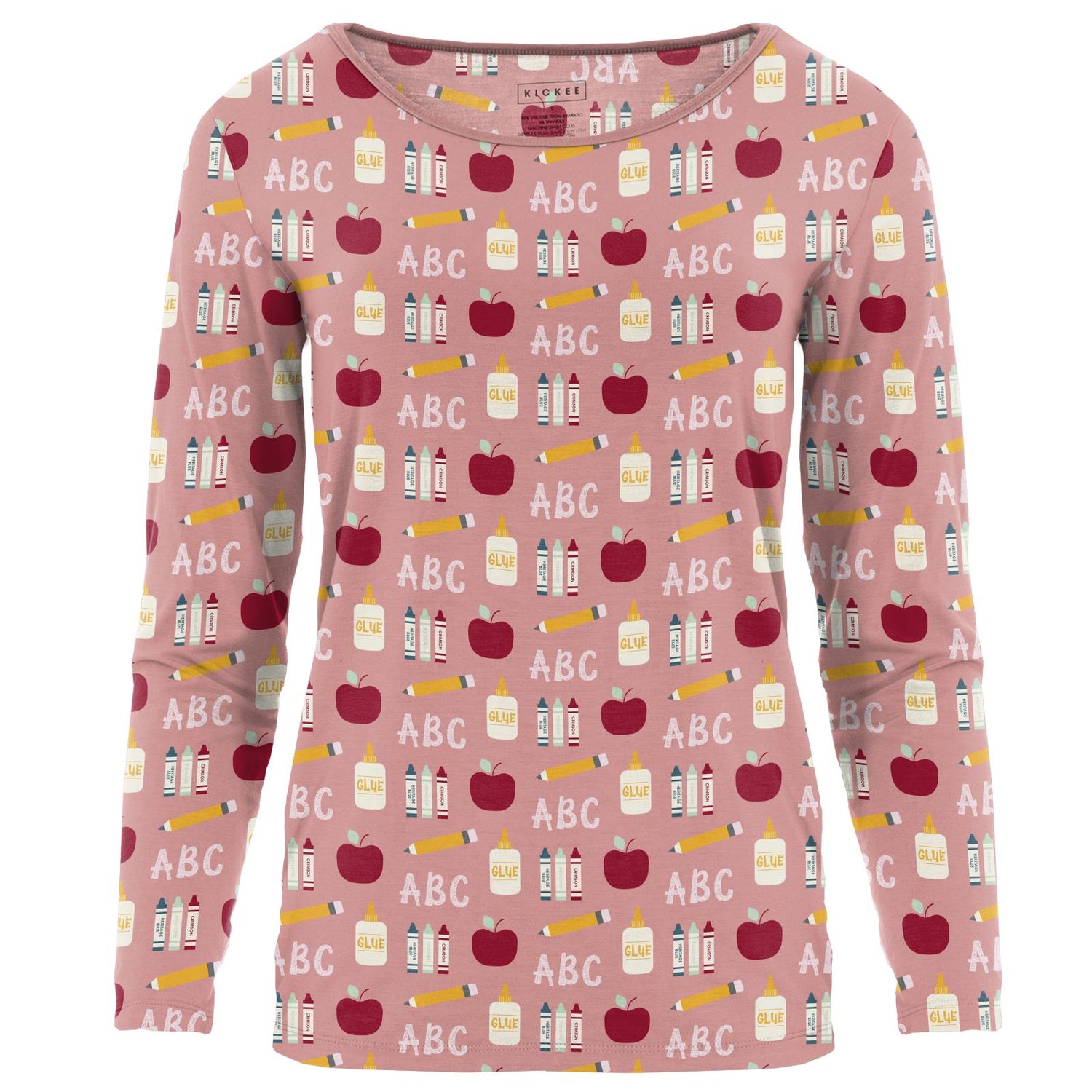Women's Print Long Sleeve Loosey Goosey Tee in Blush First Day of School