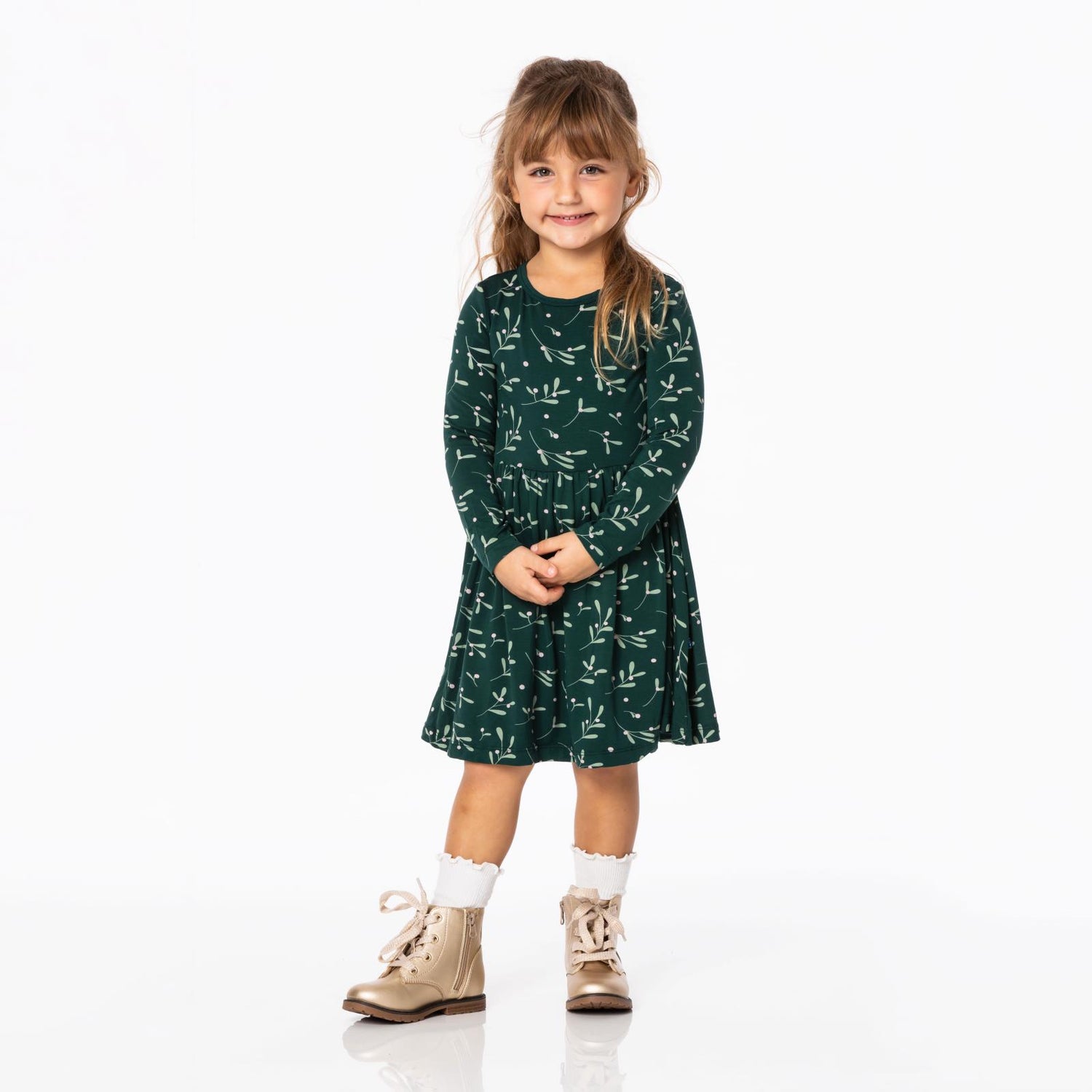 Print Long Sleeve Twirl Dress in Pine Mistletoe
