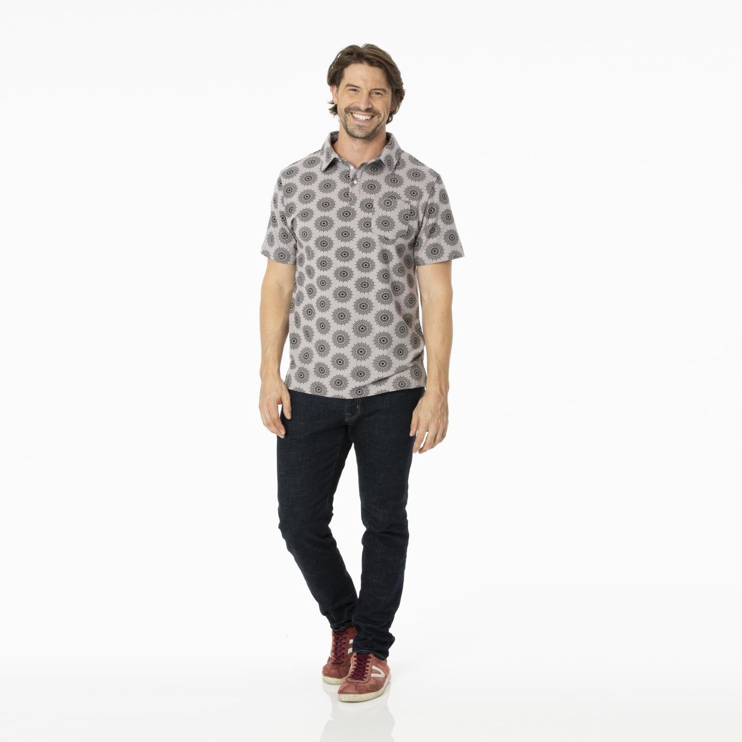 Men's Print Short Sleeve Woven Button Down Shirt in Feather Mandala
