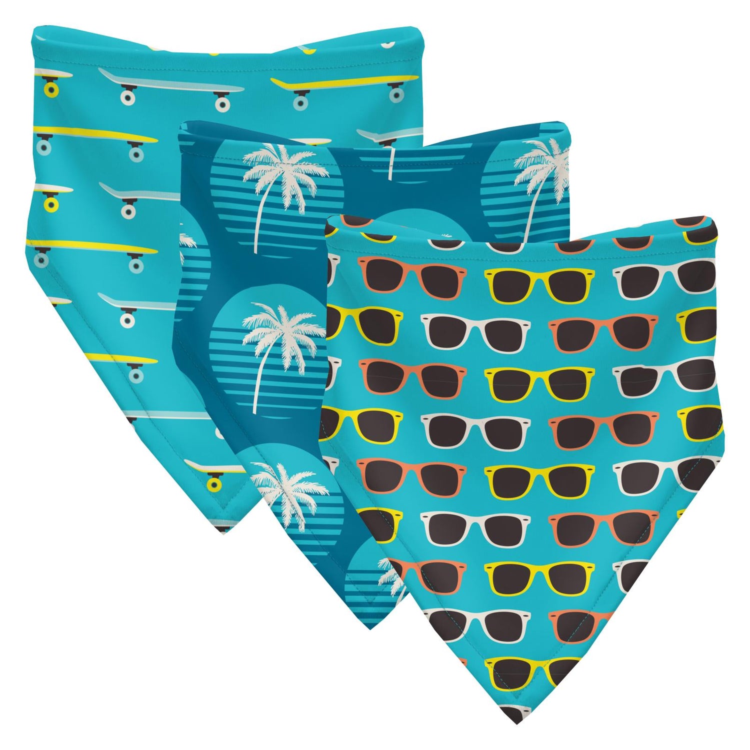 Print Bandana Bib Set of 3 in Confetti Skateboard, Cerulean Blue Palm Tree Sun & Confetti Sunglasses