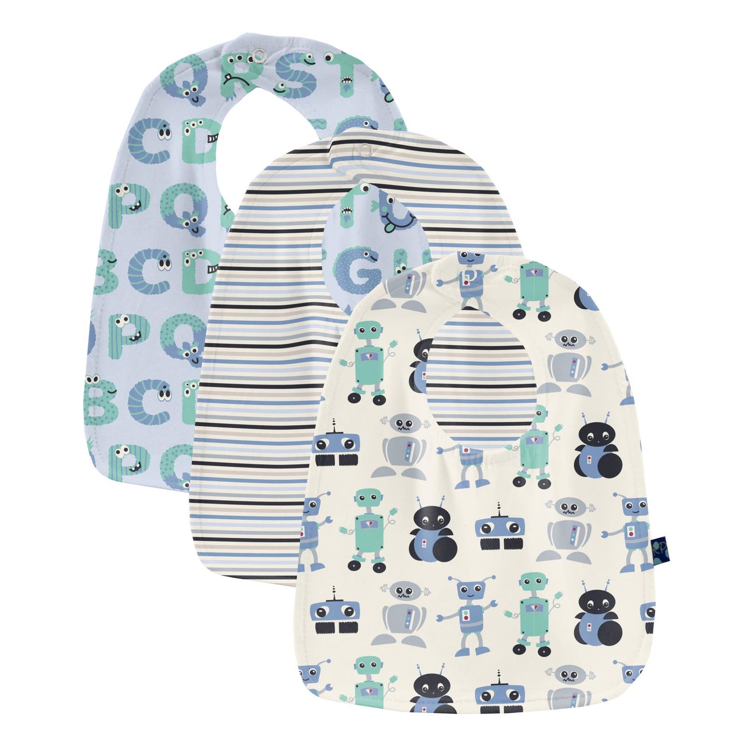 Print Bib Set of 3 in Natural Robots, Rhyme Stripe & Dew ABC Monsters