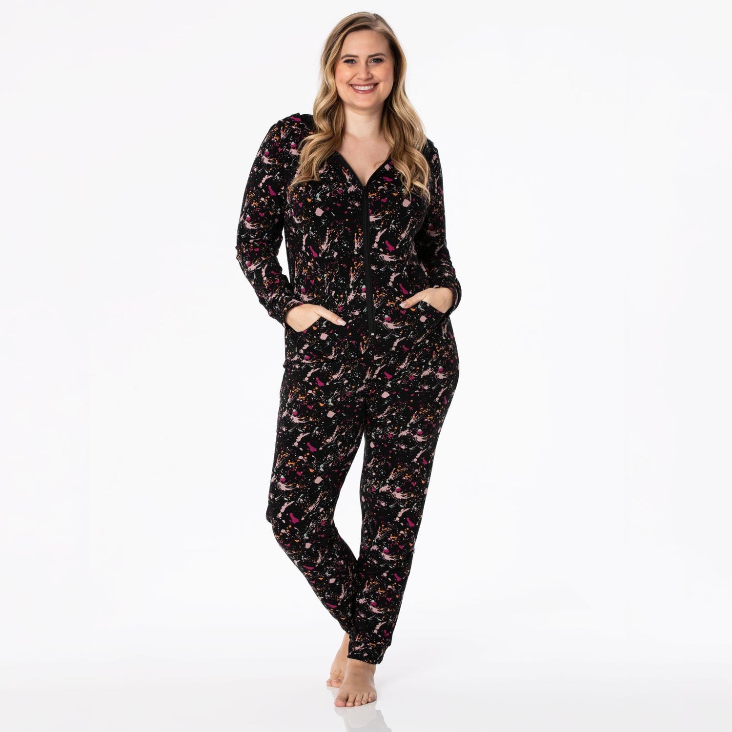 Women's Print Long Sleeve Jumpsuit with Hood in Calypso Splatter Paint