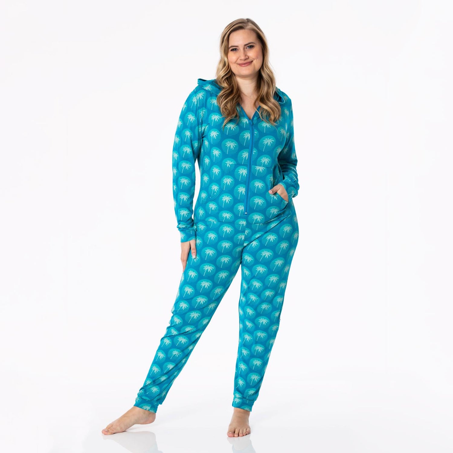 Women's Print Long Sleeve Jumpsuit with Hood in Cerulean Blue Palm Tree Sun