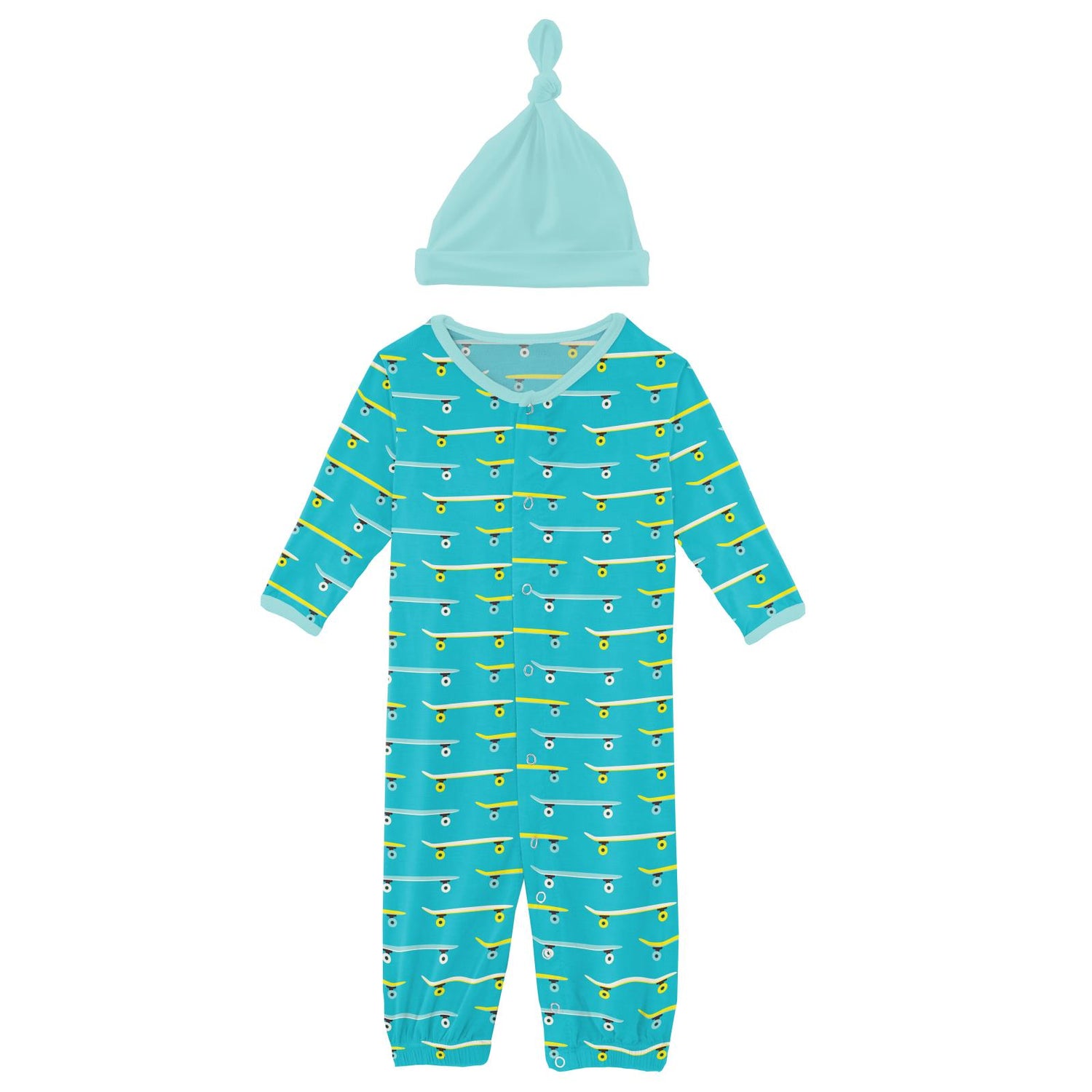 Print Layette Gown Converter & Single Knot Hat Set in Confetti Skateboard