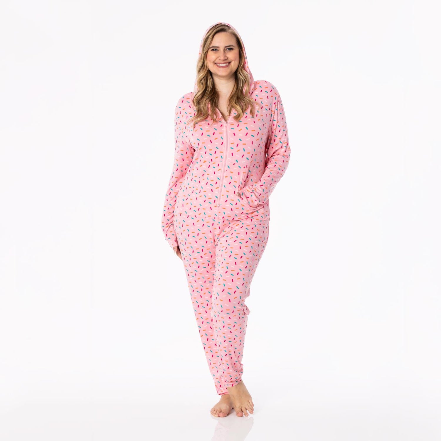 Women's Print Long Sleeve Jumpsuit with Hood in Lotus Sprinkles