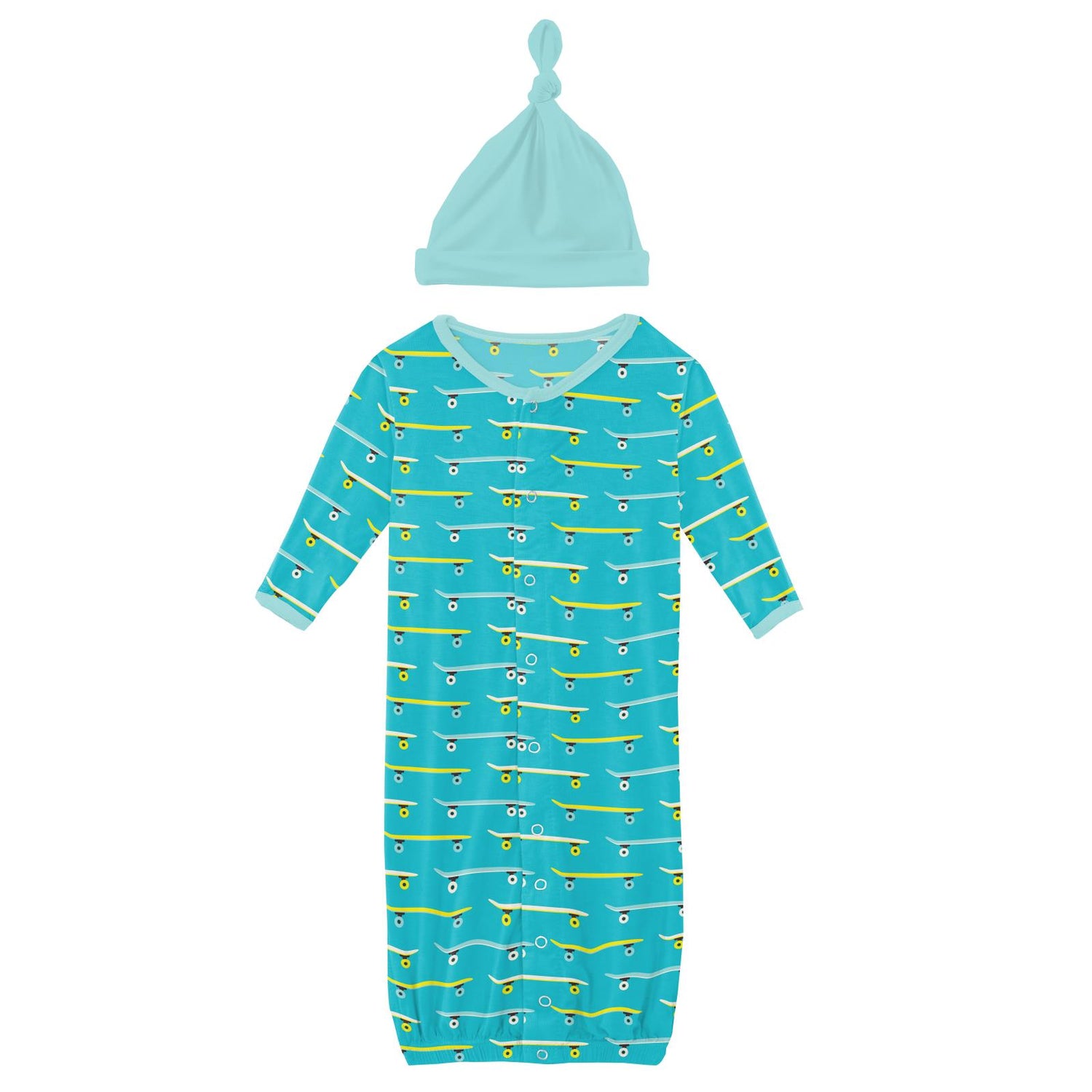 Print Layette Gown Converter & Single Knot Hat Set in Confetti Skateboard