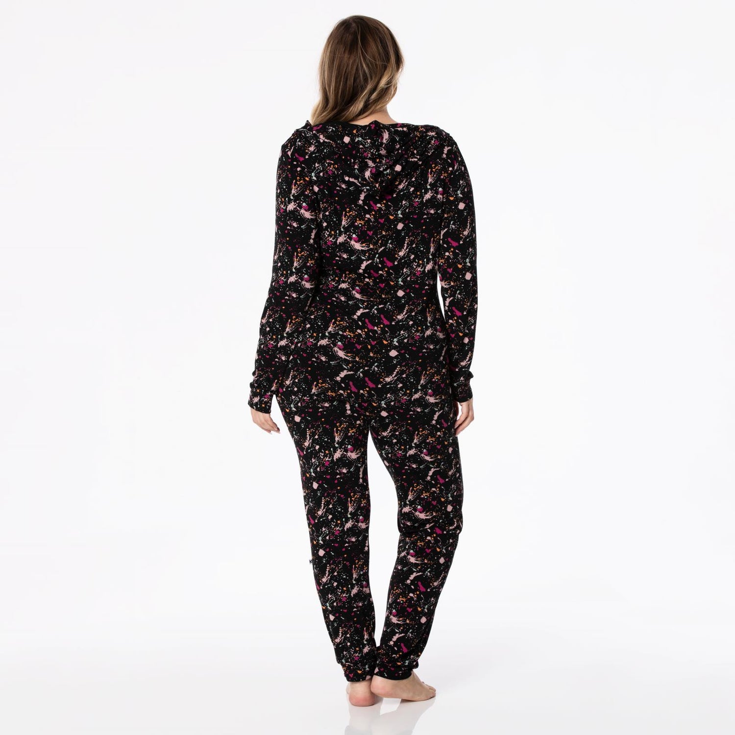 Women's Print Long Sleeve Jumpsuit with Hood in Calypso Splatter Paint