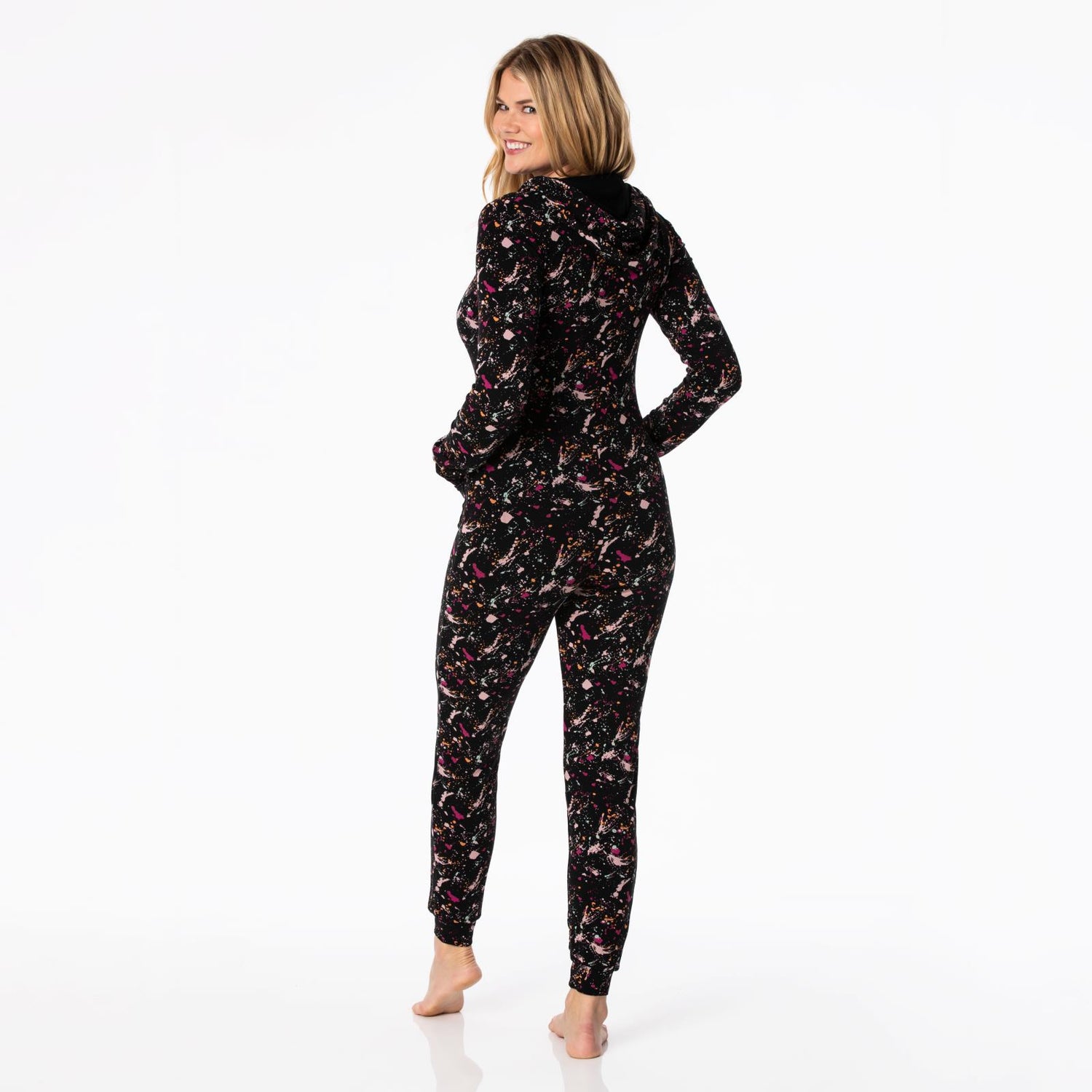Women's Print Long Sleeve Jumpsuit with Hood in Calypso Splatter Paint