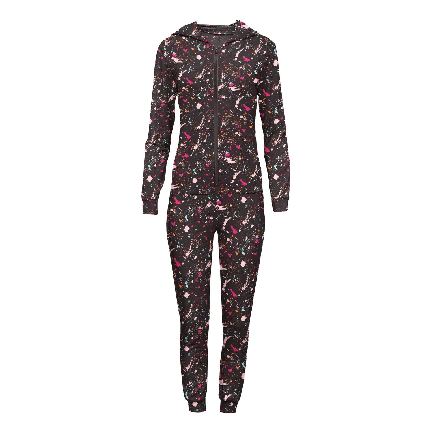 Women's Print Long Sleeve Jumpsuit with Hood in Calypso Splatter Paint