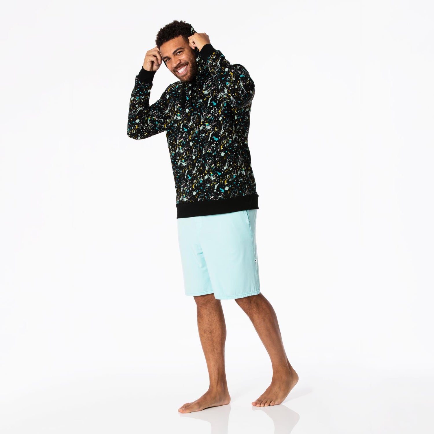 Men's Print Fleece Kangaroo Pocket Pullover in Confetti Splatter Paint