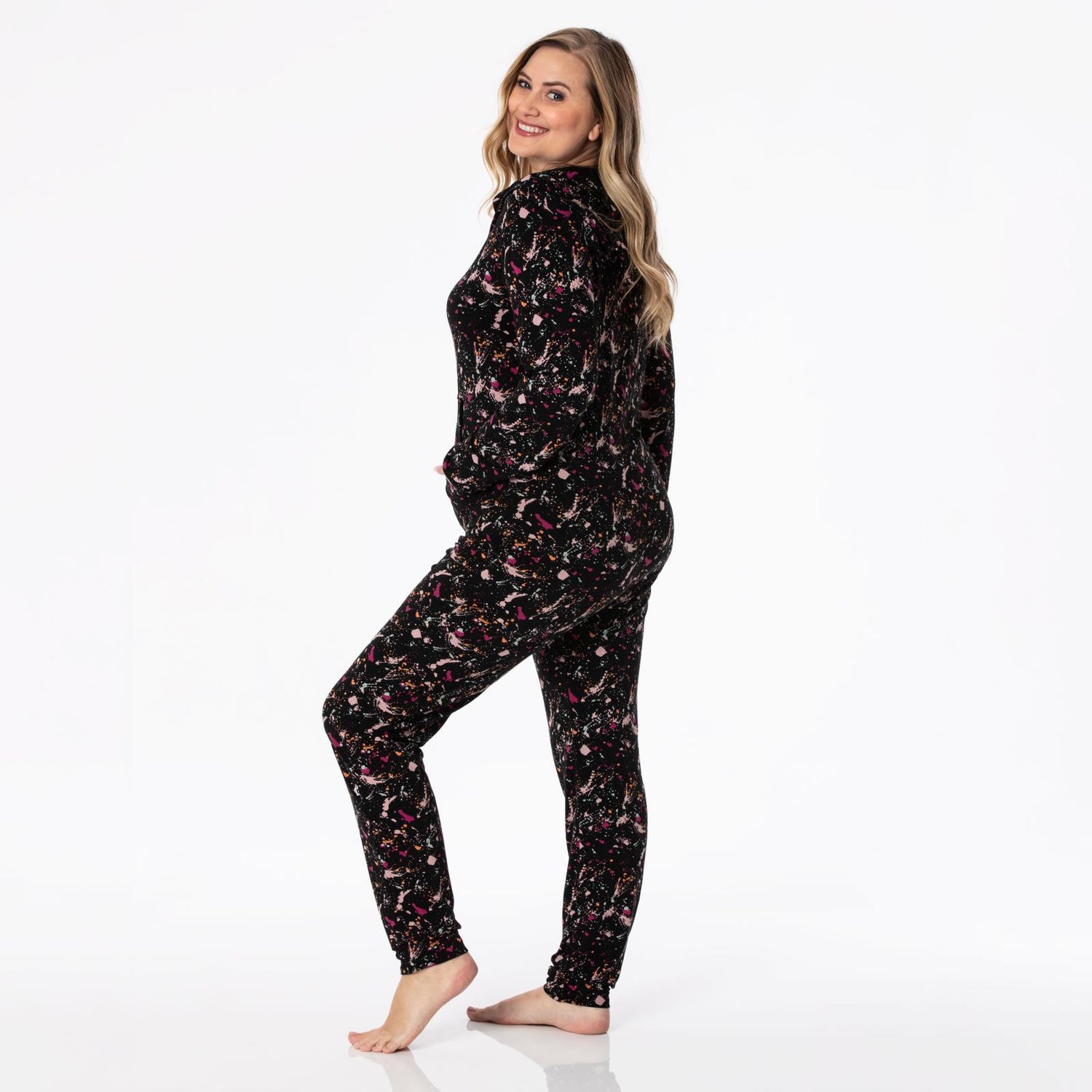 Women's Print Long Sleeve Jumpsuit with Hood in Calypso Splatter Paint