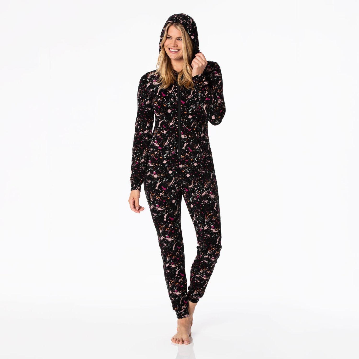 Women's Print Long Sleeve Jumpsuit with Hood in Calypso Splatter Paint