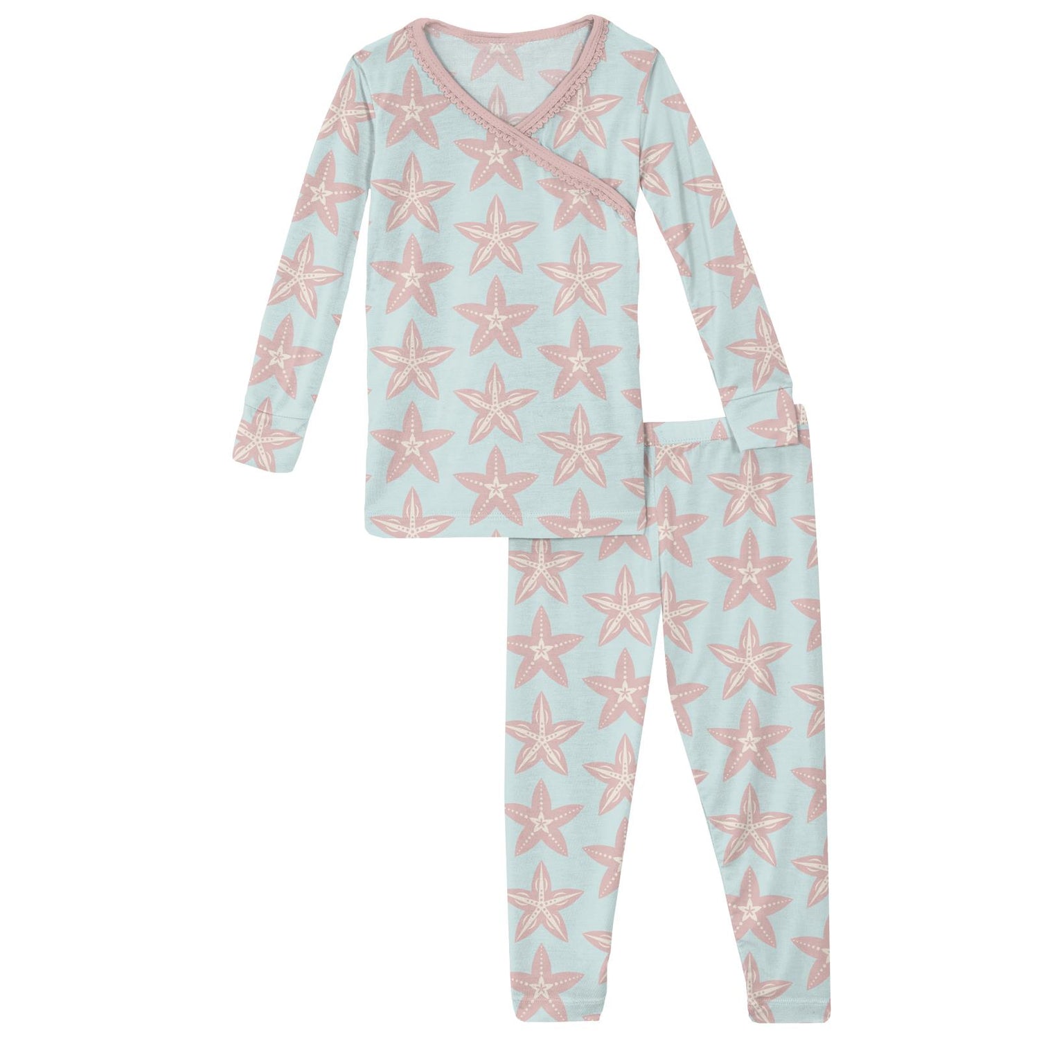 Print Long Sleeve Scallop Kimono Pajama Set in Fresh Air Fancy Starfish