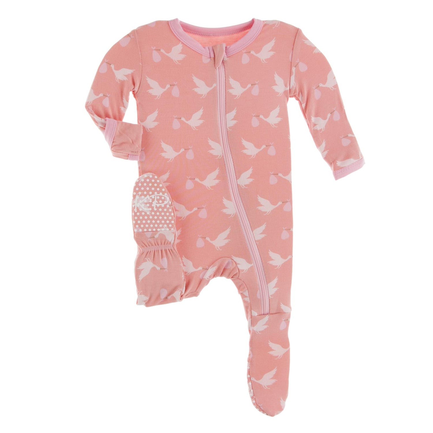 Print Footie with Zipper in Blush Stork
