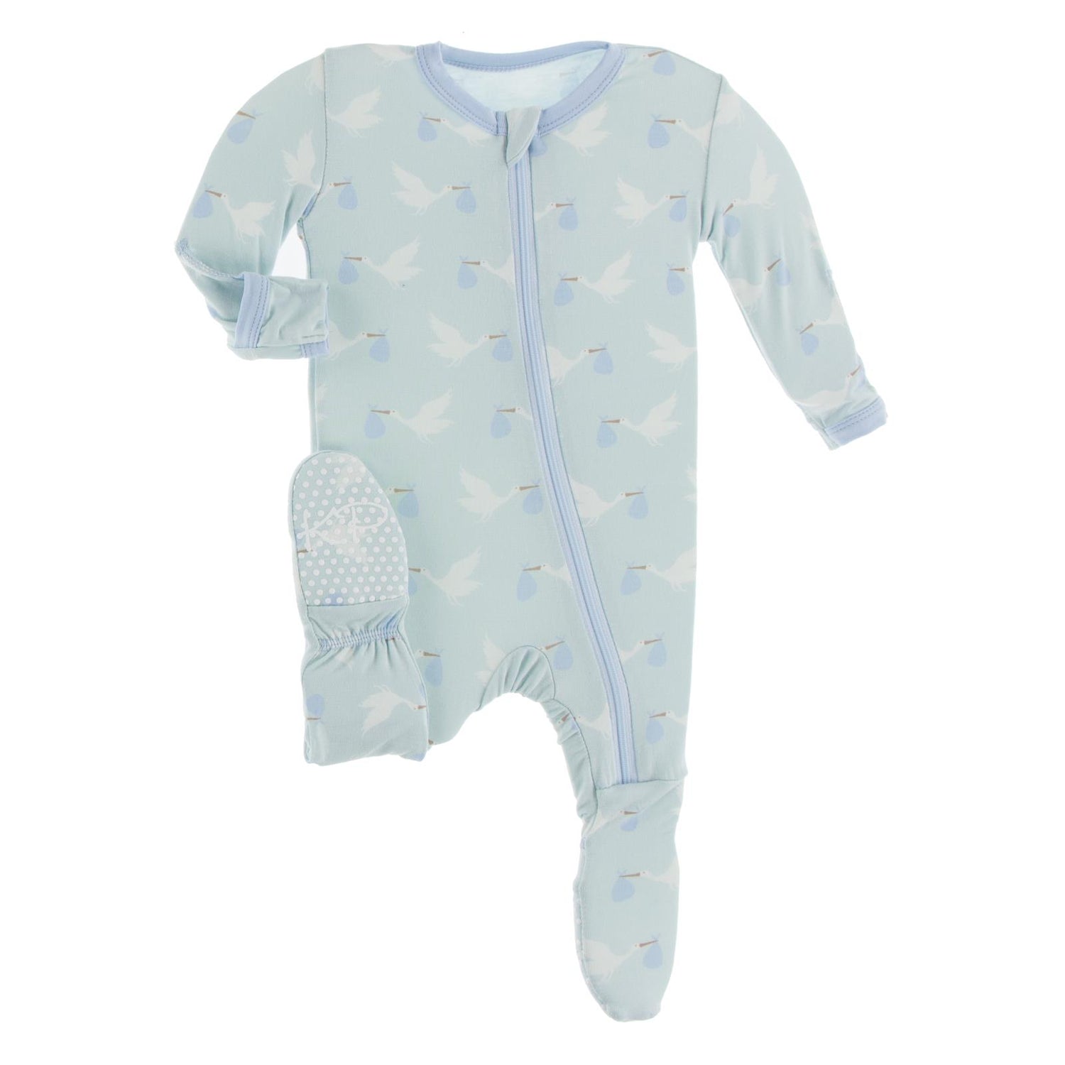 Print Footie with Zipper in Spring Sky Stork