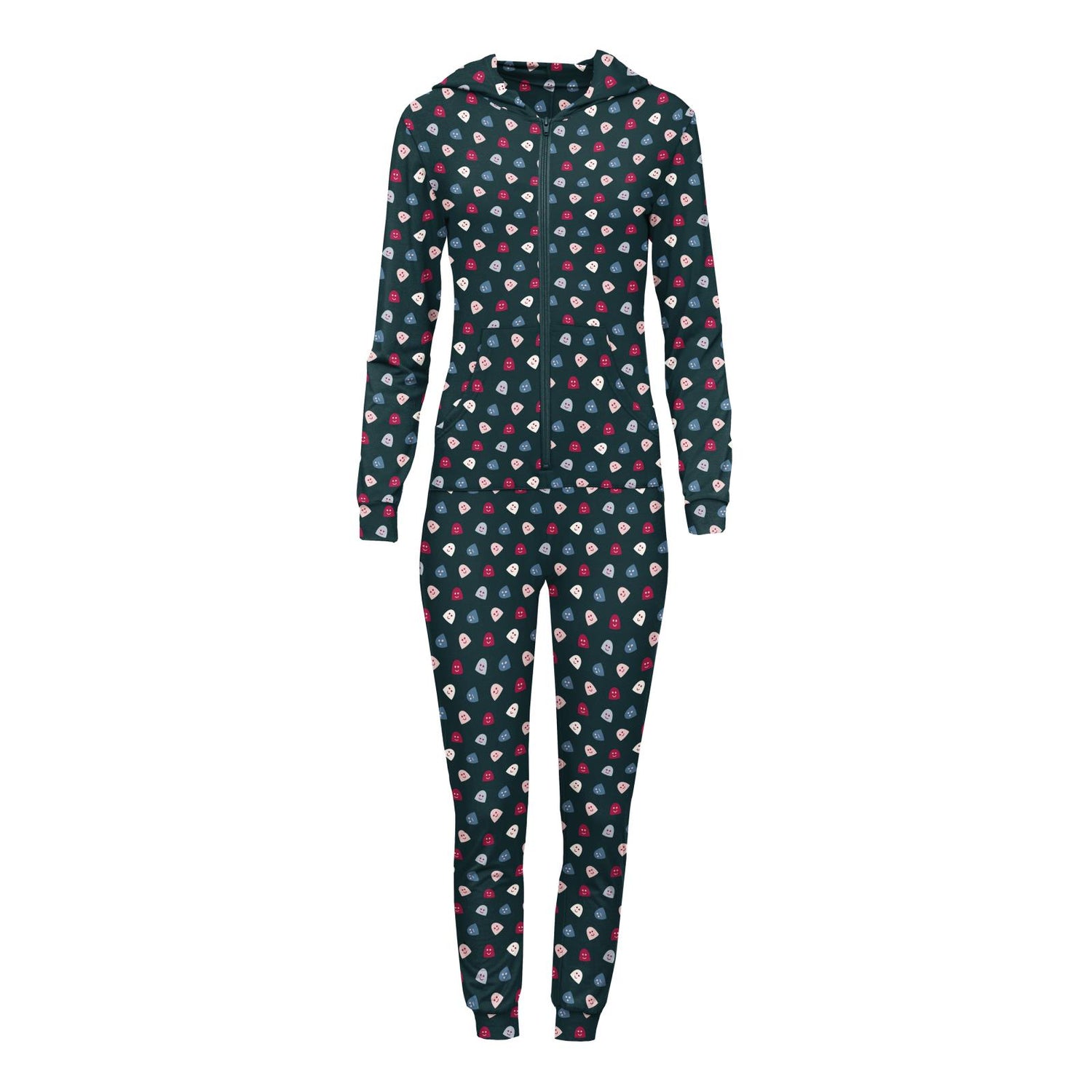 Women's Print Long Sleeve Jumpsuit with Hood in Pine Happy Gumdrops