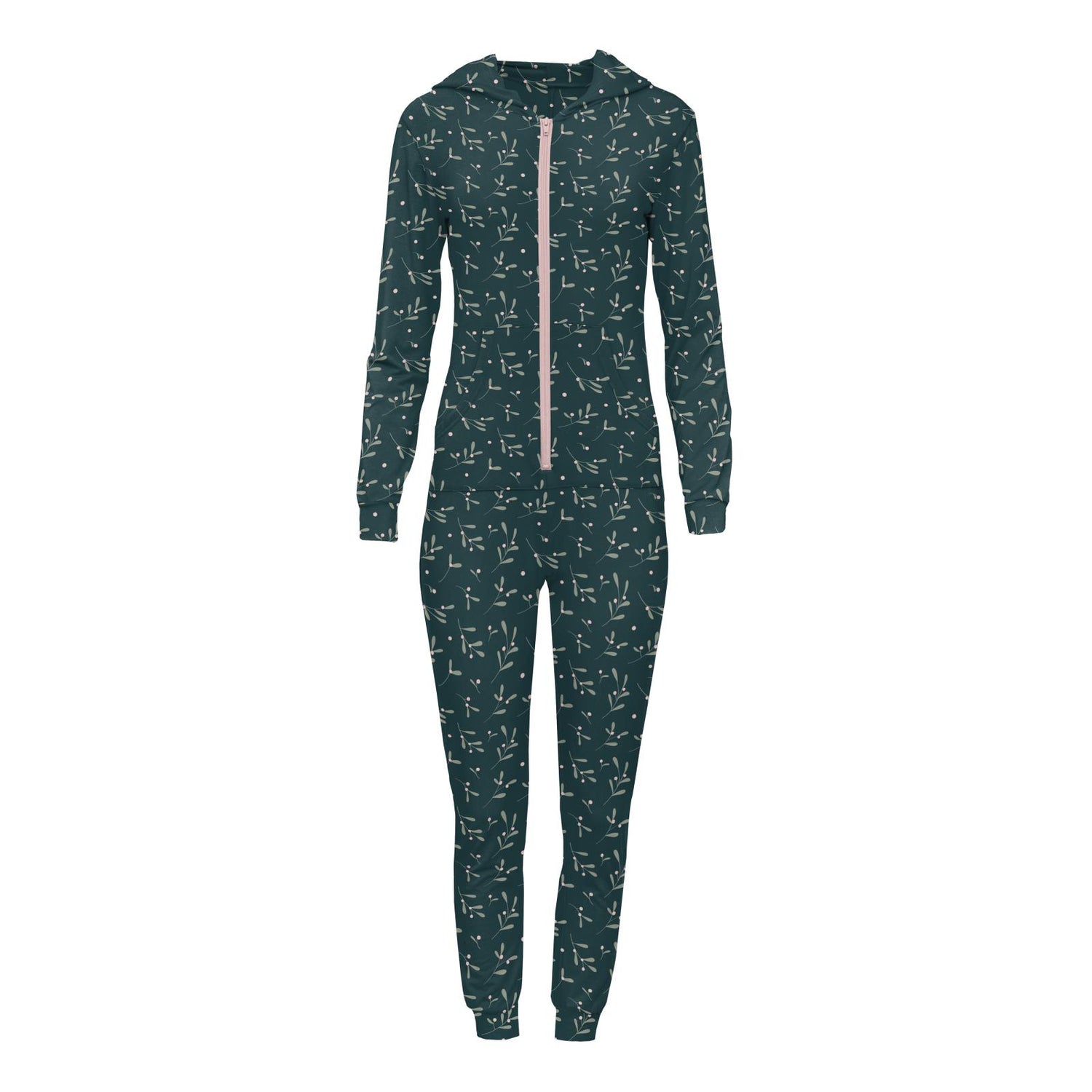 Women's Print Long Sleeve Jumpsuit with Hood in Pine Mistletoe