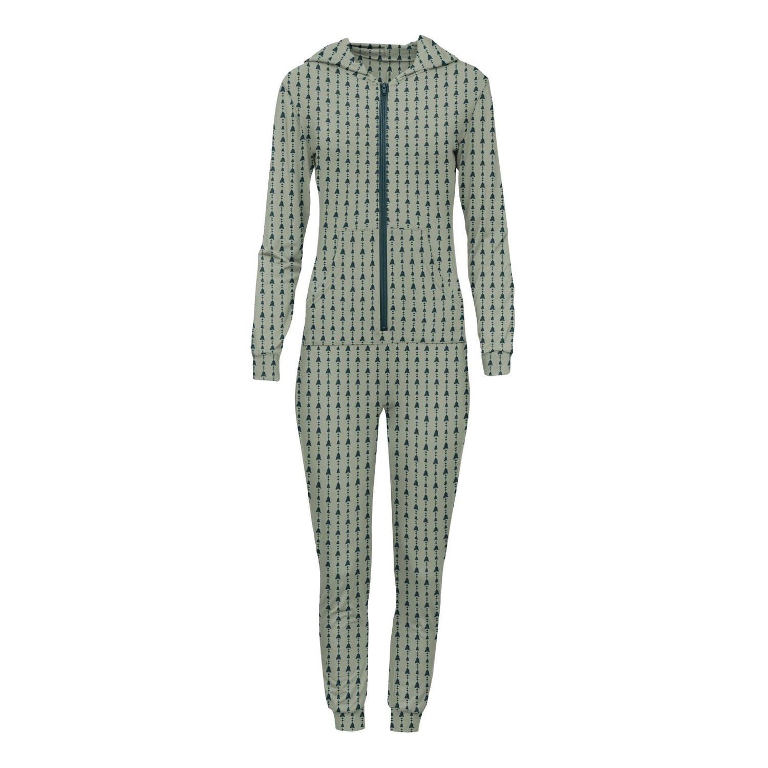 Women's Print Long Sleeve Jumpsuit with Hood in Silver Sage Trees & Hearts